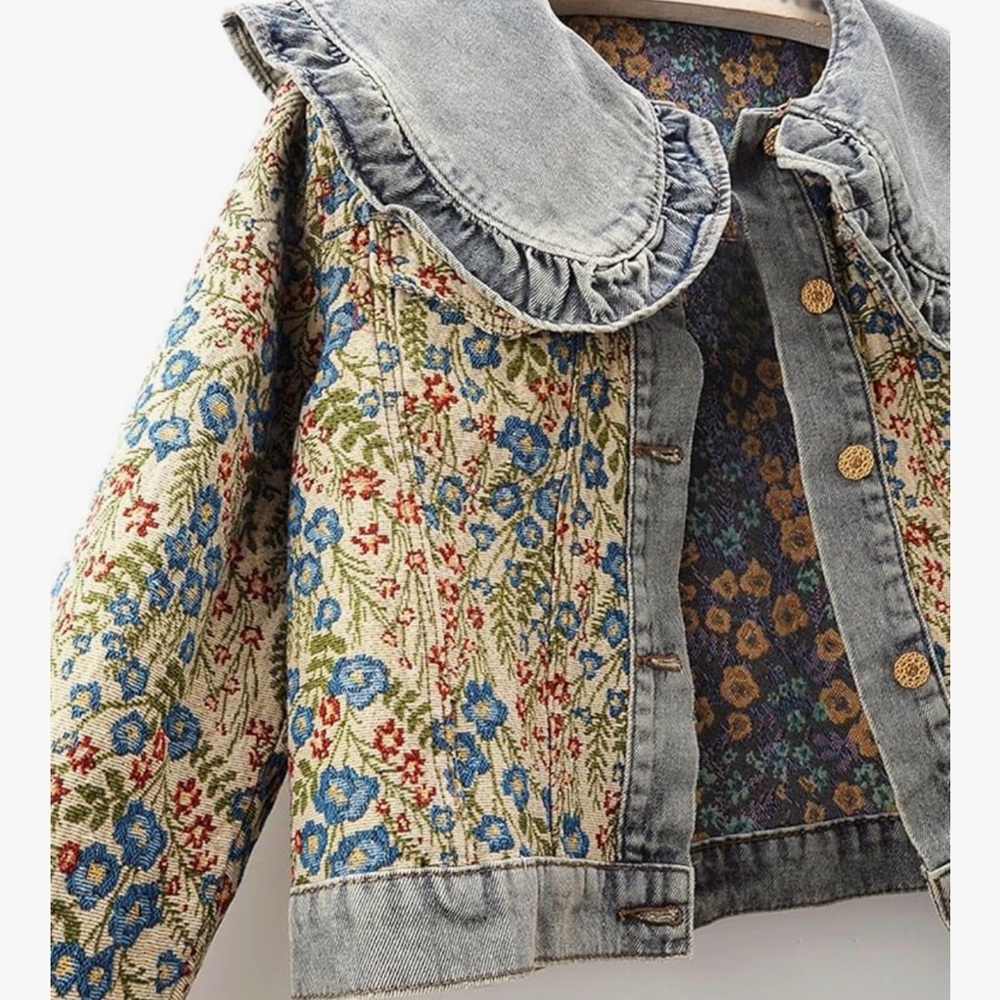 Floral Denim Jacket with Ruffled Collar - Picture 2 of 4